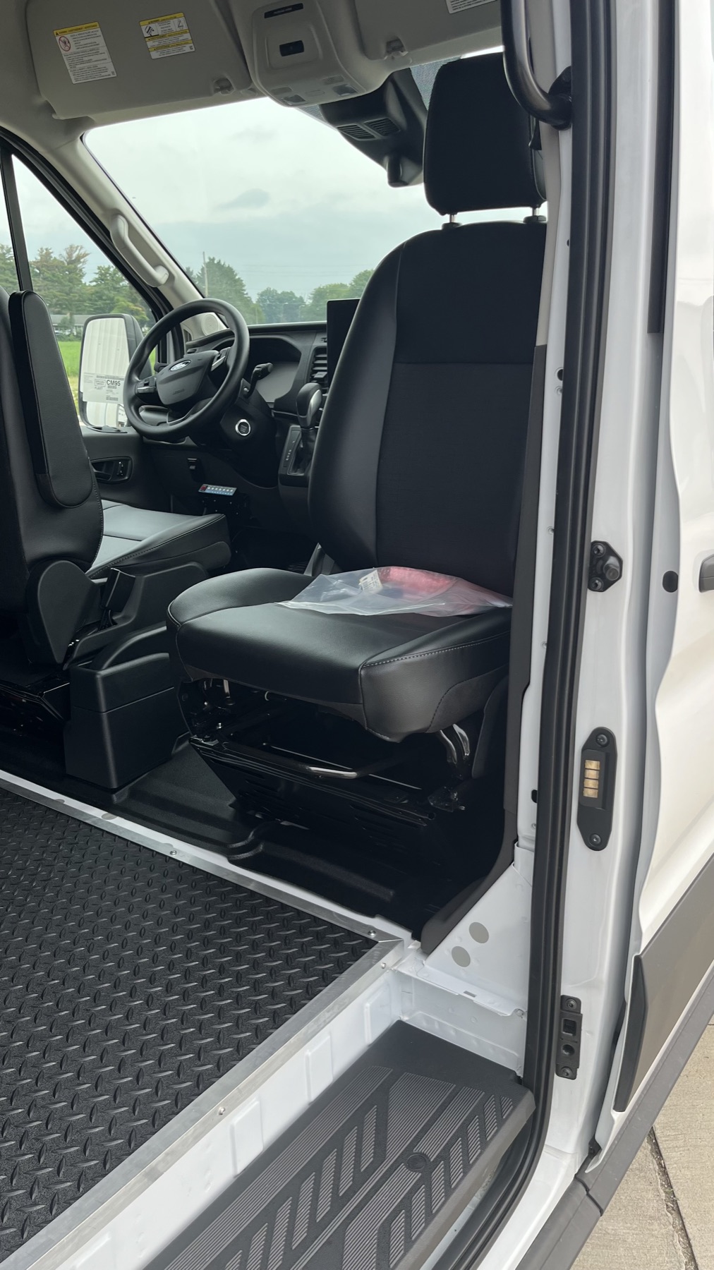 Front cab seating area of a converted work van